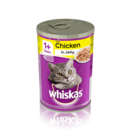 علبة WHISKAS® 1+ مع دجاج في الجيلي 390 جرام